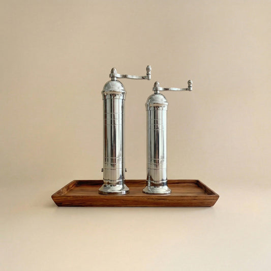 Brass Mill & Teak Wood Tray Set - Chrome