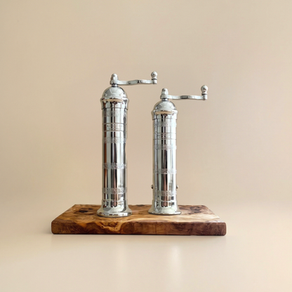 Brass Mills & Olive Wood Board Set - Chrome