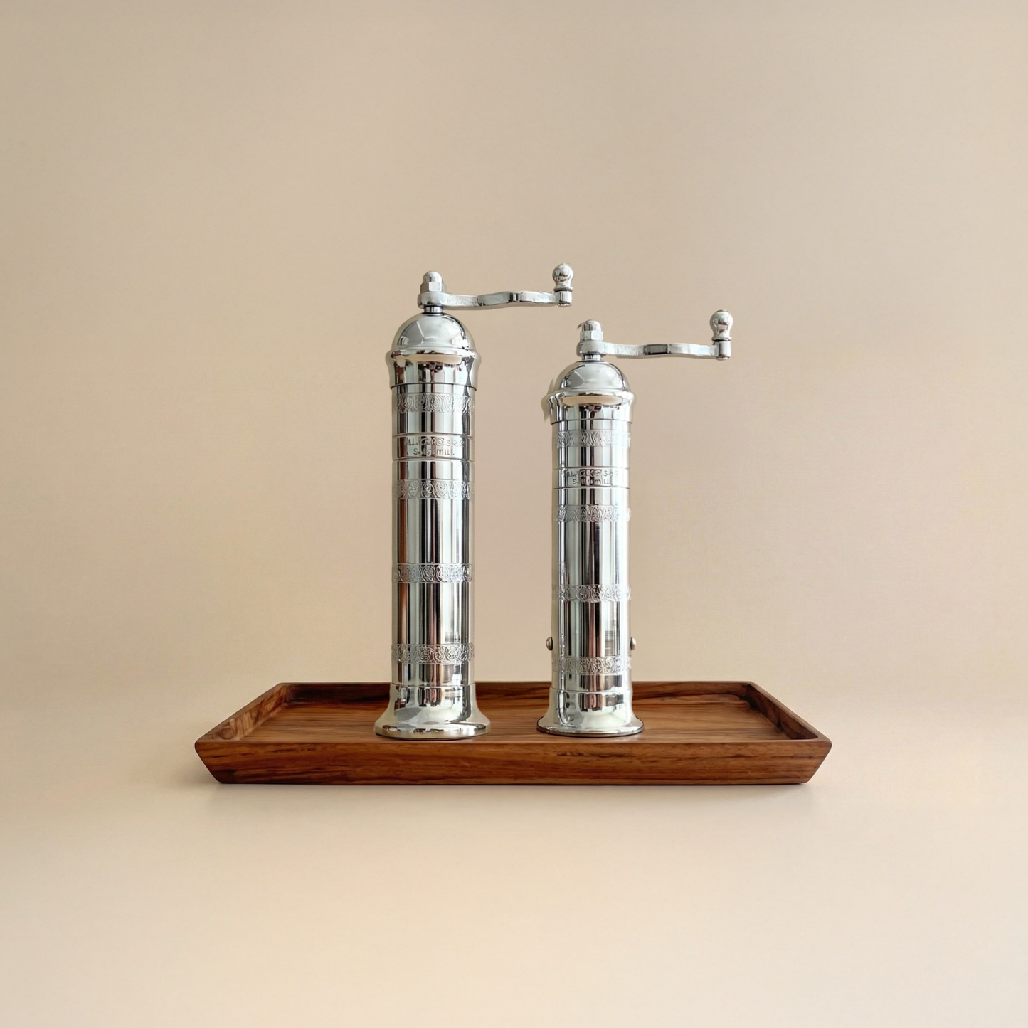 Brass Mill & Teak Wood Tray Set - Chrome