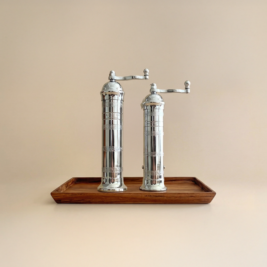 Brass Mill & Teak Wood Tray Set - Chrome