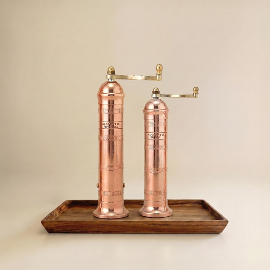 Brass & Copper Salt & Pepper Mills + Teak Wood Tray Set