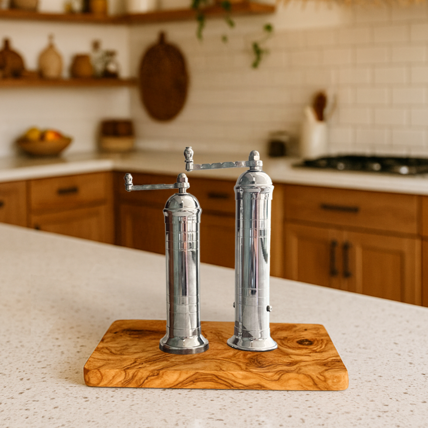 Brass Mills & Olive Wood Board Set - Chrome