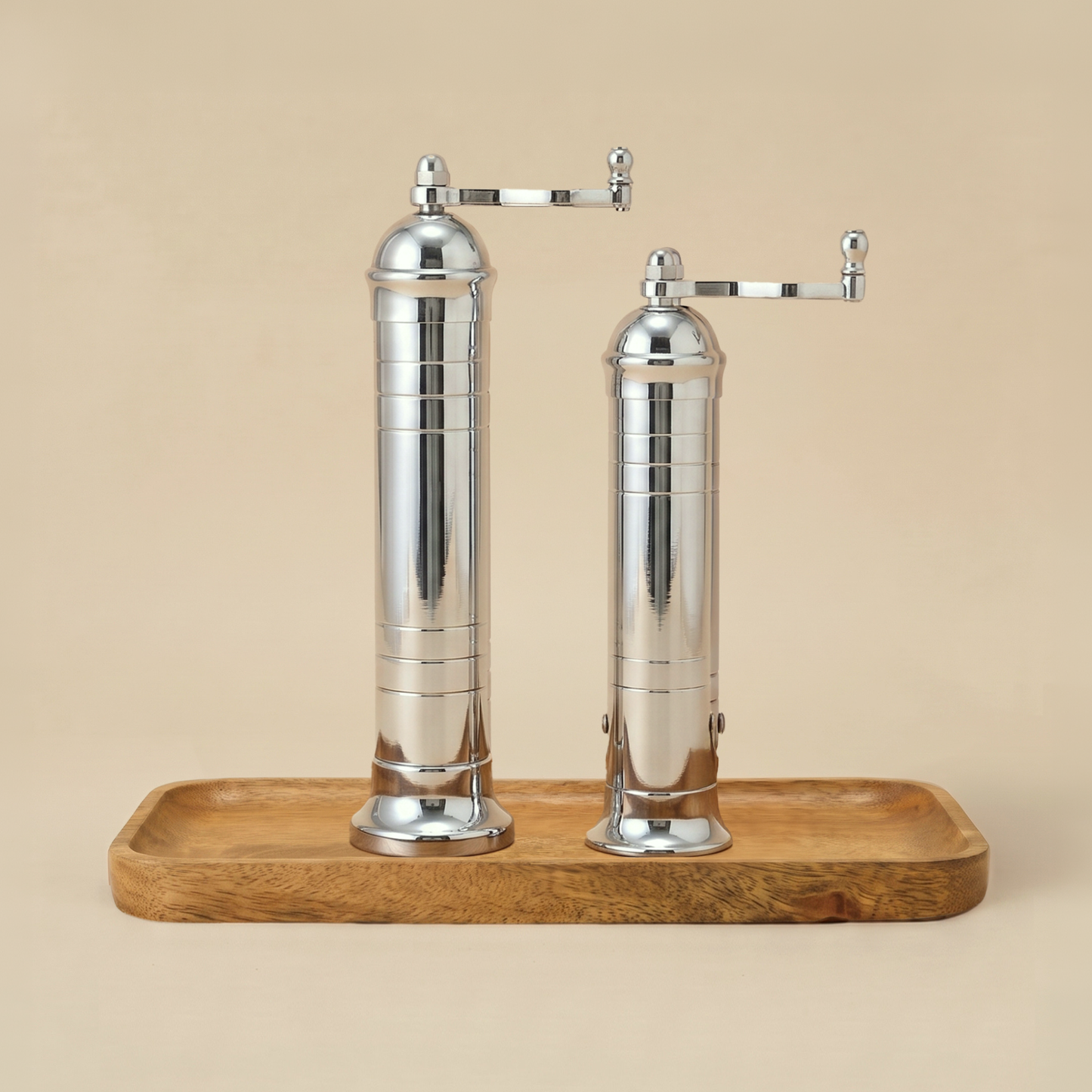 Brass Mills & Mango Wood Tray Set - Chrome