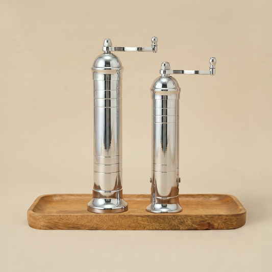 Brass Mills & Mango Wood Tray Set - Chrome