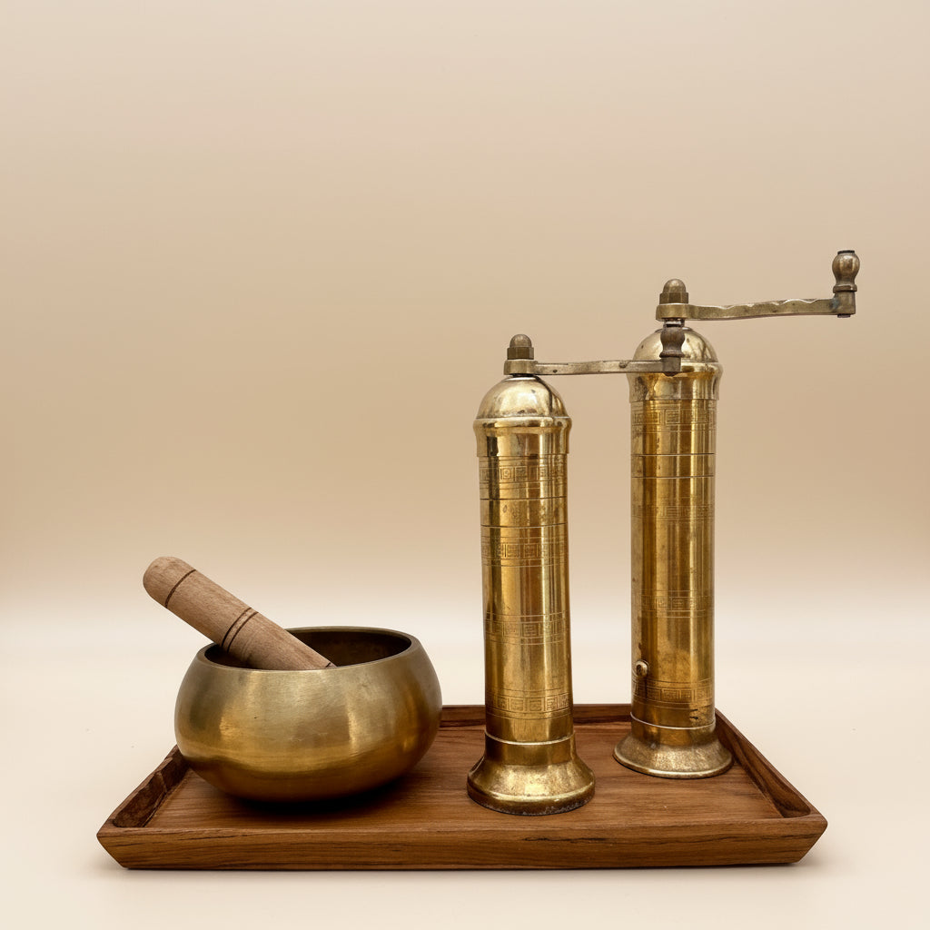 Brass Mill & Teak Wood Tray Set