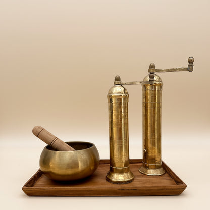 Brass Mill & Teak Wood Tray Set