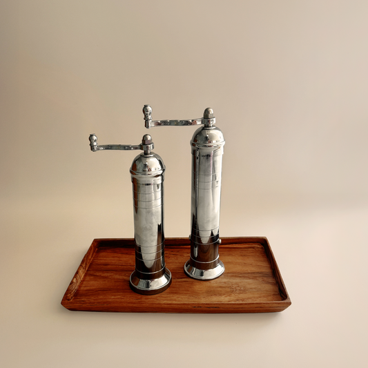 Brass Mill & Teak Wood Tray Set - Chrome