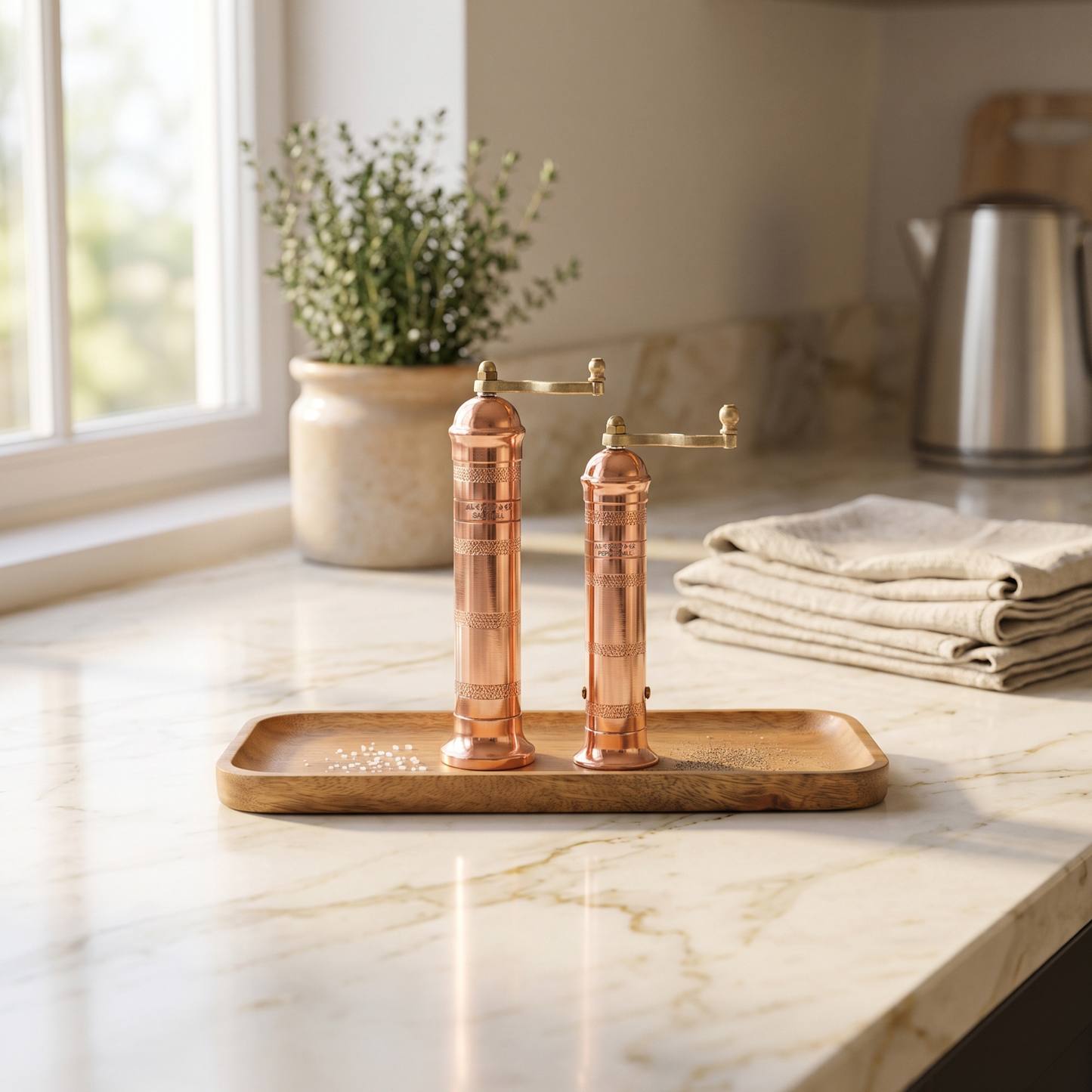 Brass Mills & Mango Wood Tray Set - Copper
