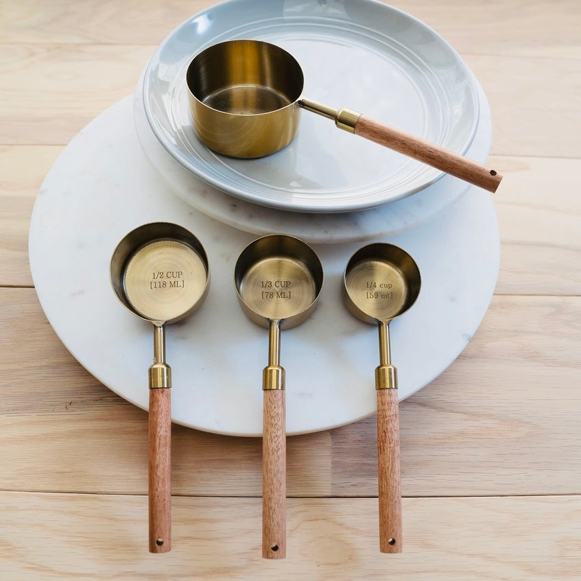 Brass Measuring Cup Set -Wood