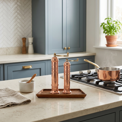 Brass & Copper Salt & Pepper Mills + Teak Wood Tray Set