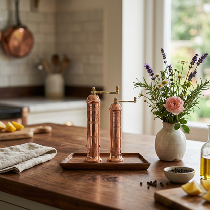 Brass & Copper Salt & Pepper Mills + Teak Wood Tray Set