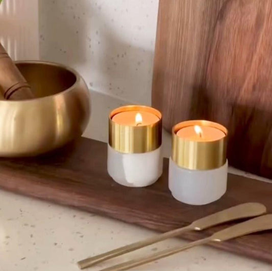 Alabaster and Brass Tealight Candle Holders - Pair