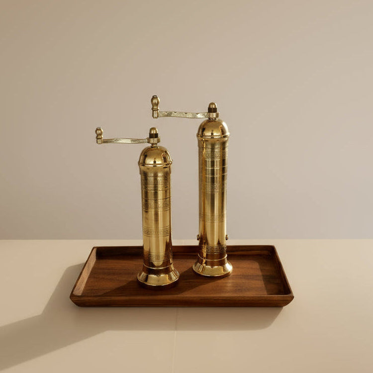 Brass Mill & Teak Wood Tray Set