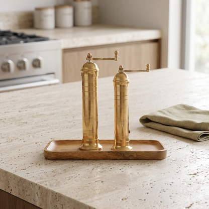 Brass Mills & Mango Wood Tray Set