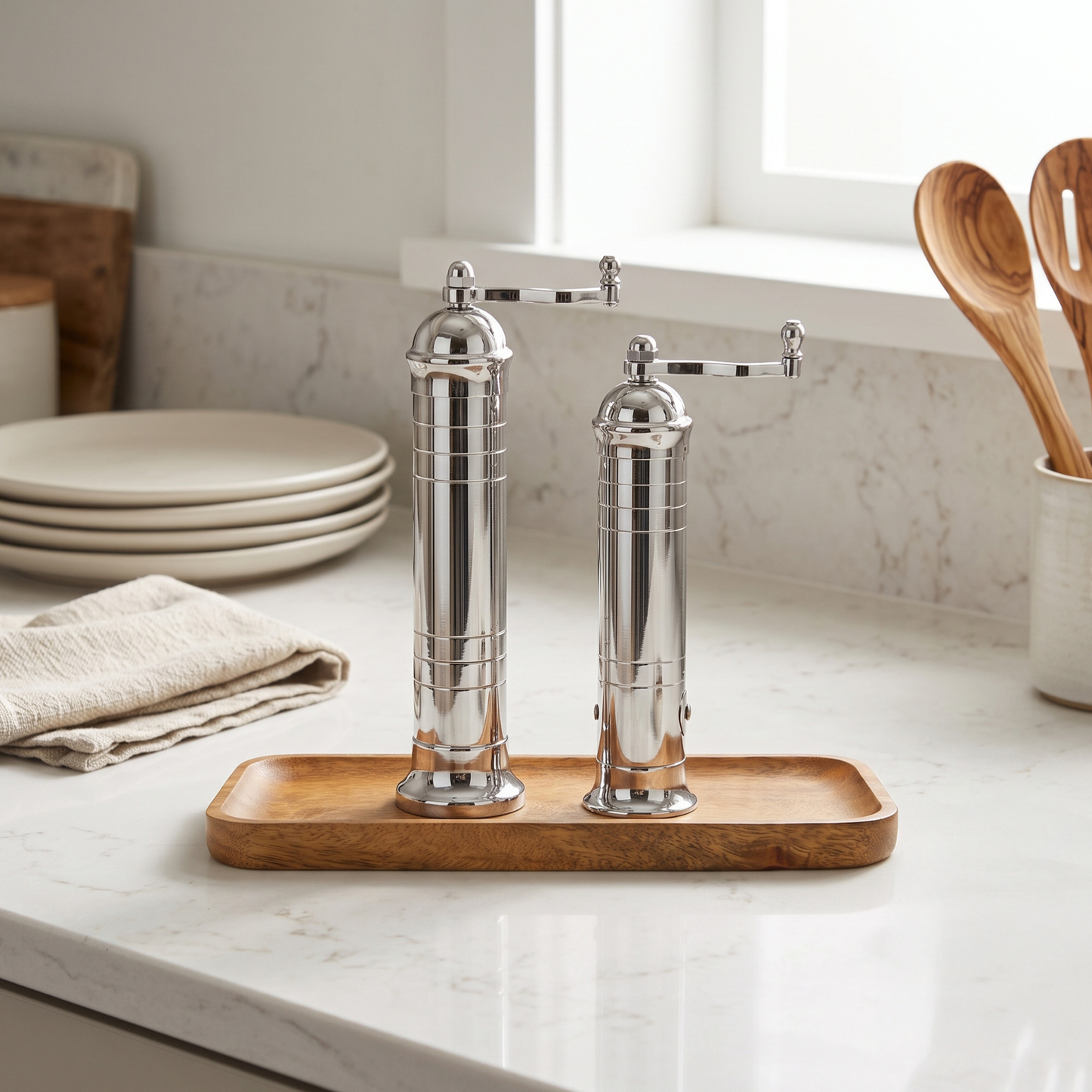 Brass Mills & Mango Wood Tray Set - Chrome