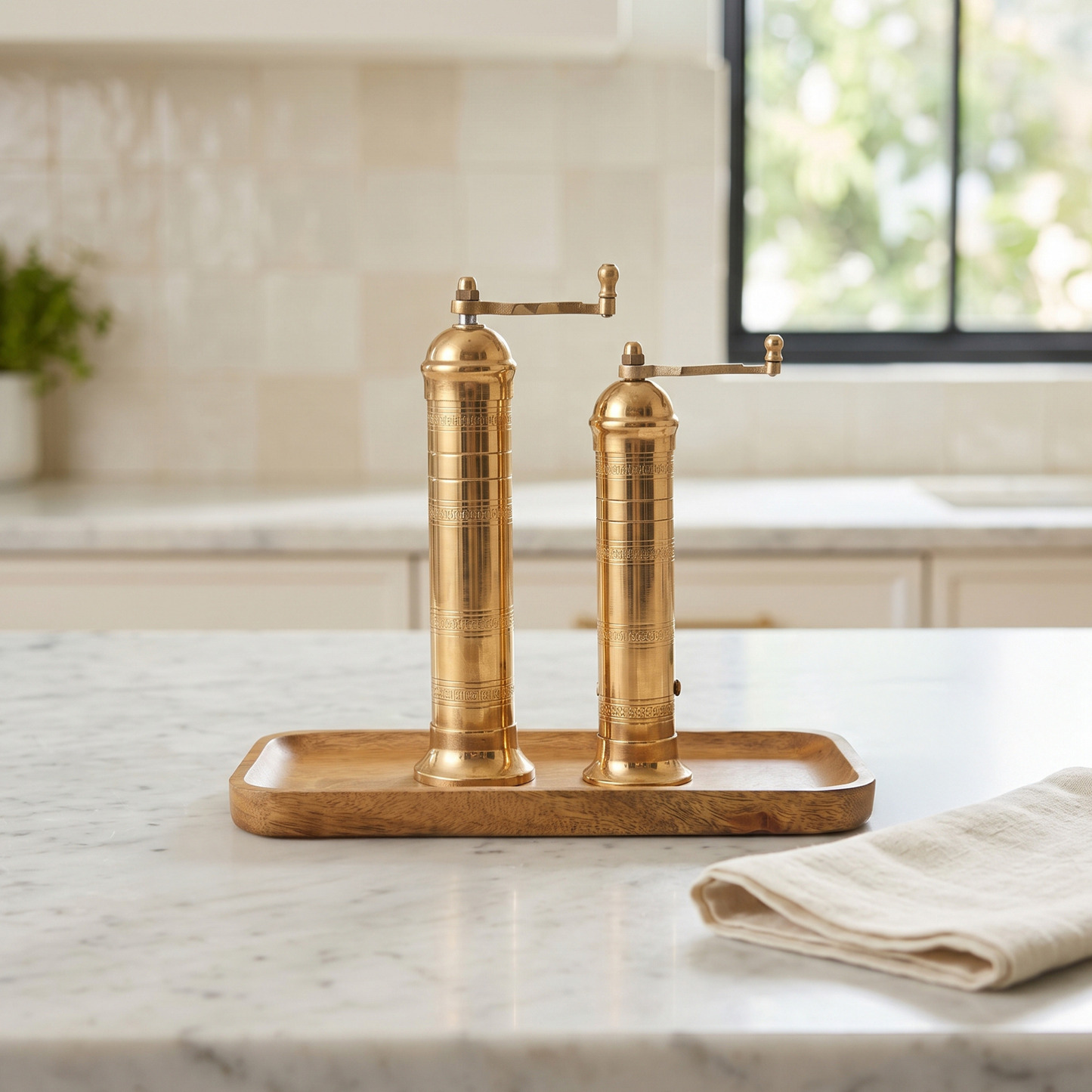 Brass Mills & Mango Wood Tray Set