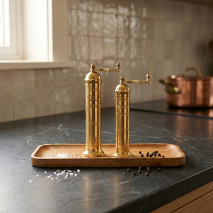 Brass Mills & Mango Wood Tray Set