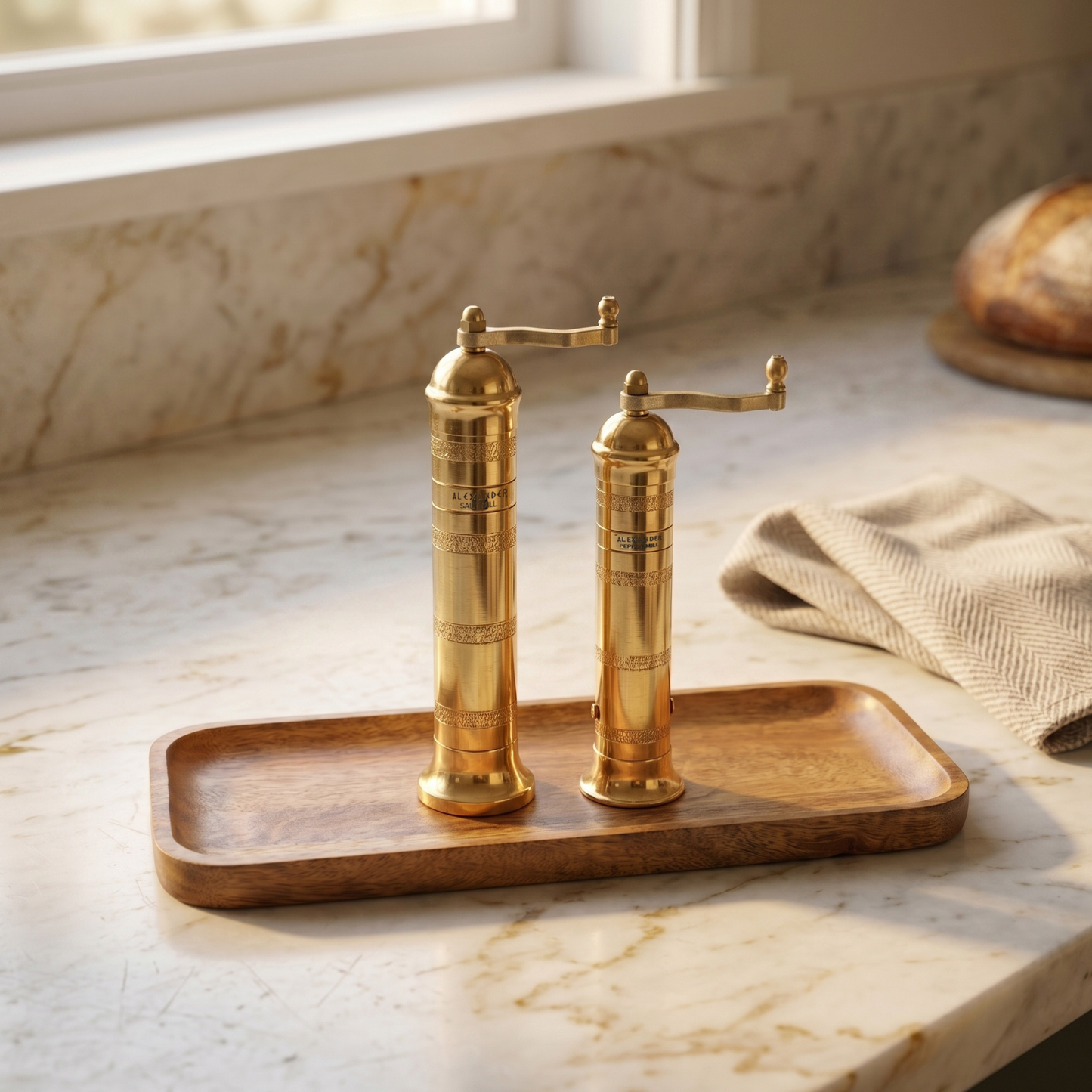 Brass Mills & Mango Wood Tray Set