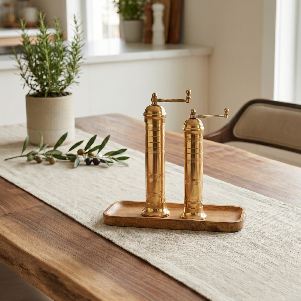 Brass Mills & Mango Wood Tray Set