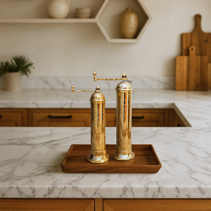 Brass Mill & Teak Wood Tray Set